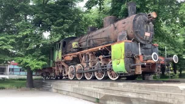 Motor Tren Vapor Oxidado Vintage Parque Público Las Afueras Estación — Vídeos de Stock