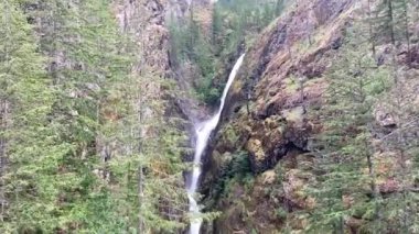 Kuzey Cascades Ulusal Parkı 'ndaki güzel Gorge Creek Şelalesi' nin ölçeğini göstermek için eğil. Su, yemyeşil Washington, ABD ile çevrili yamaçtan aşağı düşüyor.