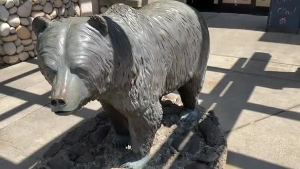 美国加利福尼亚州安德森 2022年2月7日 位于红顶附近的加州欢迎中心外一只灰熊的大型金属雕塑 灰熊是州的吉祥物 也是国旗上的特色 — 图库视频影像