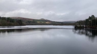 Dartmoor Ulusal Parkı 'ndaki Burrator Rezervuarı' nın sakin suları. Arka planda güzel bir bozkır ve orman var. Bulutlu bir günde çekildi - Devon, İngiltere