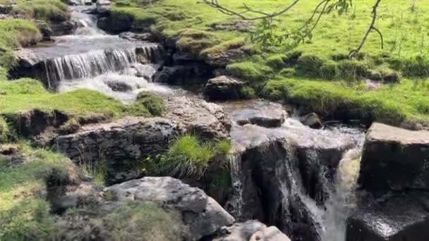 Cachoeiras Fluindo Suavemente Várias Cascatas Deslumbrante Paisagem Verde Upper Wharfedale — Vídeo de Stock