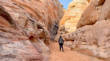 Dar, pembe ve mükemmel bir şekilde oyulmuş Kaolin Kanyonu 'nun erozyon duvarları tarafından oyulmuş kadın yürüyüşçü Nevada, ABD' deki İtfaiye Parkı Vadisi 'nde yürüyor.