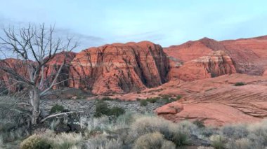 Güneşin doğuşuyla parlayan güzel Navajo kumtaşı kızıl kaya kayalıkları ve etrafındaki Kar Kanyonu Eyalet Parkı St. George, Utah, ABD