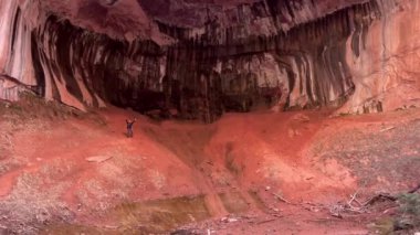 Utah 'taki Zion Ulusal Parkı' ndaki Kolob Canyons 'da bir adam kollarını uzatarak ayakta duruyor. Doğal kemerin ölçeği, aşağıdaki adamın küçük figürü tarafından vurgulanır.