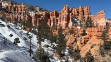 Kışın Bryce Canyon Ulusal Parkı 'ndaki manzaralı Peekaboo yolu, yerde kar ve arka planda kırmızı kaya kabadayıları. Kamera yavaşça sağa dönüyor - Utah, ABD