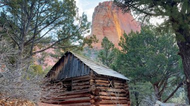 Weathered and rustic log cabin known as the Larson Cabin nestled among the trees of Zion National Park with a towering red rock mountain in the background - Taylor Creek, Kolob Canyons, Utah, USA clipart