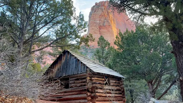 stock image Weathered and rustic log cabin known as the Larson Cabin nestled among the trees of Zion National Park with a towering red rock mountain in the background - Taylor Creek, Kolob Canyons, Utah, USA