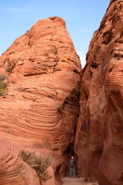 Yalnız bir maceracı Wire Pass Slot Canyon, Utah 'ın girişinde duruyor, nefes kesen ölçeği, karmaşık desenleri ve kırmızı kaya oluşumlarının katmanlarını sergiliyor.