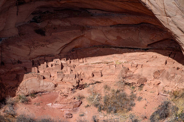 A detailed close-up of an ancient Betatakin cliff dwelling located at Navajo National Monument in Arizona, USA. The image showcases the intricate structures carved into the red sandstone