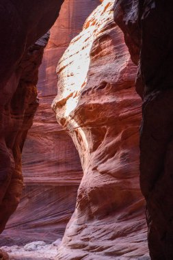Arizona, Utah sınırındaki Buckskin Gulch Slot Kanyonu 'nun büyüleyici manzarası. Sabahın erken saatlerinde güneşin eşsiz kırmızı kaya oluşumları üzerinde parlayan bir etkisi olur. - ABD