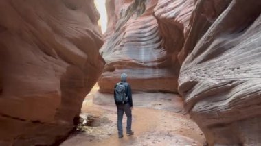 Yavaş çekim, erkek bir yürüyüşçünün Arizona, Utah sınırındaki dar ve çarpıcı Buckskin Gulch kanyonundan geçişini takip ediyor. Sersemletici pembe taş duvarlar erozyondan dolayı eğilmiş.