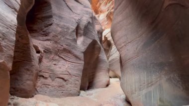 Arizona, Utah sınırındaki Buckskin Gulch Kanyonu 'nun devasa kumtaşı duvarlarının yatay çekimi. Güneş kanyonun tepesinden parlayarak pembe kaya yüzeyini aydınlatıyor.