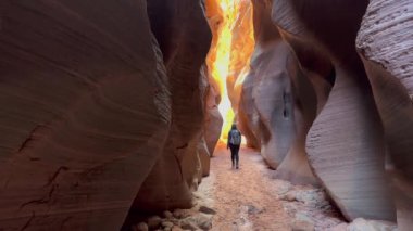 Arizona, Utah sınırındaki dar Buckskin Gulch Kanyonu 'nda yürüyen bir kadın yürüyüşçü. Kanyonun sonundaki ışığa doğru yürüyor, uzun kanyon duvarları turuncu parlıyor.