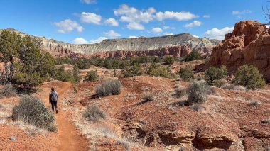 Utah 'taki Kodachrome Havzası' nda manzaralı bir çöl yolunda yürüyen kadın yürüyüşçü. Güneşli ve güneşli bir günde güneşin ve güzel kızıl kaya uçurumunun tadını çıkarır.