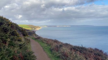 Huzurlu Güney Batı Sahil Yolu kayalıkların geniş manzarası ve sakin deniz manzarasıyla dolup taşıyor doğa severler ve doğa kaşifleri için mükemmel Beesands, Devon, UK