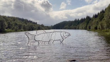 Nr Aberfoyle, İskoçya, İngiltere - 07.03.2023: Lochan Spling 'de Rob Mulholland tarafından yapılan tel mızrak balığı heykeli, Kraliçe Elizabeth Forest Park, Trossachs. Suyun durgunluğu gökyüzünü ve ağaçları yansıtır..