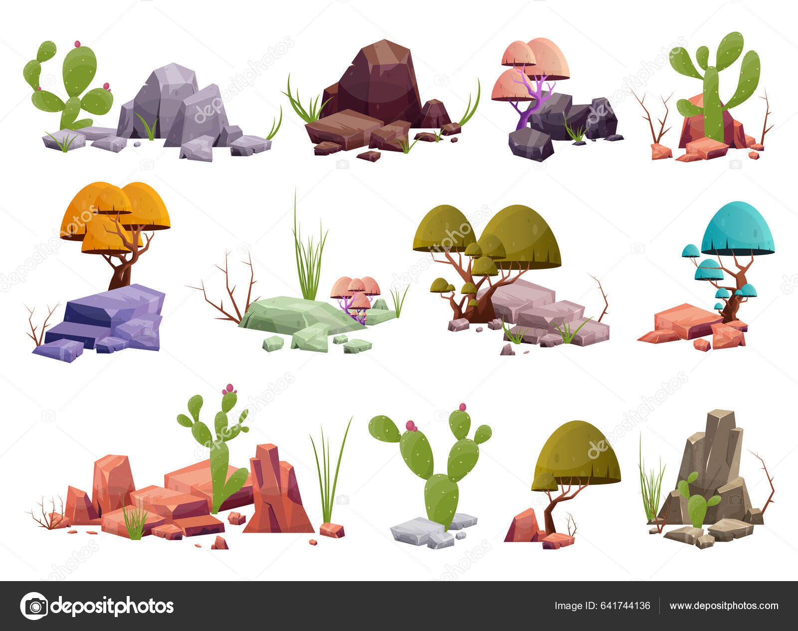 Desert Rock Plants Different Colors Vector Illustration Isolated White