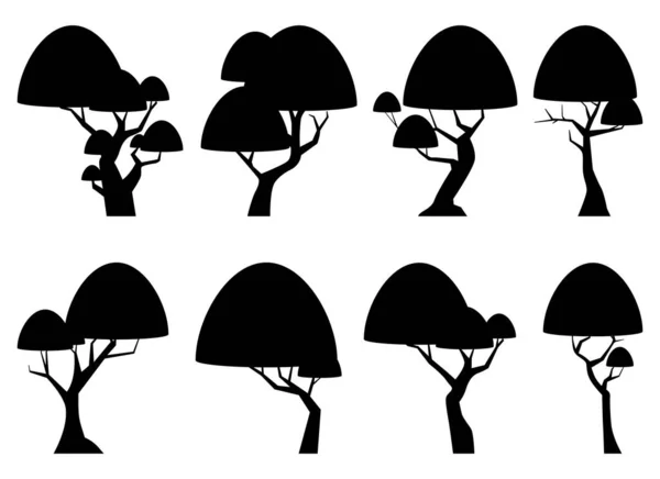 Collezione Silhouette Albero Cartone Animato Isolato Bianco Foresta Alberi Vettoriale — Vettoriale Stock