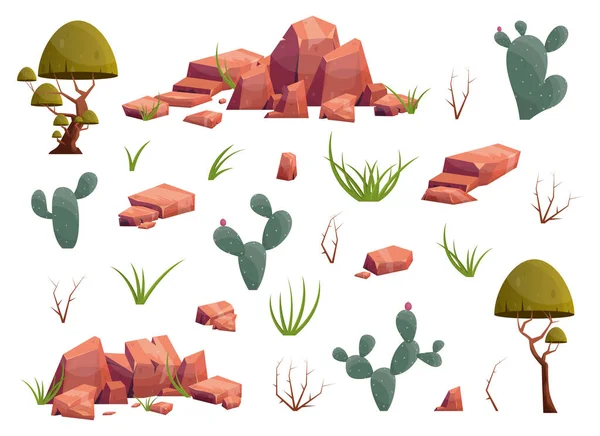 Woestijnflora Collectie Met Bergrotsen Planten Cactussen Bomen Struiken Gras Wild — Stockvector
