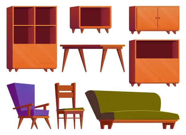 漫画風の家具アイテム 木製のワードローブ テーブルとアームチェアのベクトルのイラストのコレクションは白に隔離された — ストックベクタ