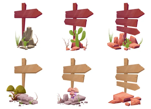 Houten Richtingborden Met Woestijn Rotsen Planten Cartoon Stijl Vector Illustratie — Stockvector
