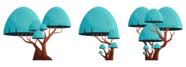 Beyaza izole edilmiş renkli çizgi film ağaç koleksiyonu. Orman ağaçları vektör illüstrasyonu