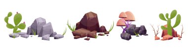 Desert rock with plants in different colors vector illustration isolated on white