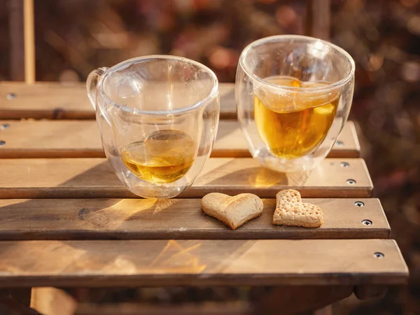 Drinking Tea Cookies Wooden Table Cozy Autumn Mood Scene Autumn ストック画像