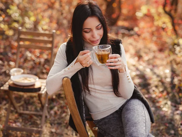 Beautiful Young Brunette Spends Her Free Time Autumn Forest Woman Telifsiz Stok Fotoğraflar