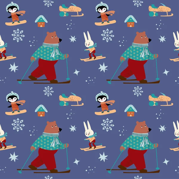 Ayı, tavşan ve penguen açık havada kışın atak yaparken kusursuz desen.