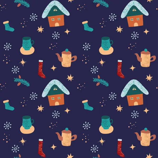 Çaydanlıklı, sıcak, dikişsiz kış şablonu. Bir fincan çay. Vektör illüstrasyonu