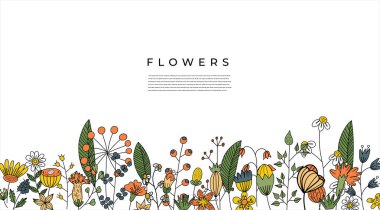 Alt sınır boyunca düzenlenmiş canlı bir çiçek ve bitki elementleri dizisi içeren vektör illüstrasyonu. Bu renkli karalama tarzı tasarım yapraklar, saplar ve kır çiçekleri içerir.