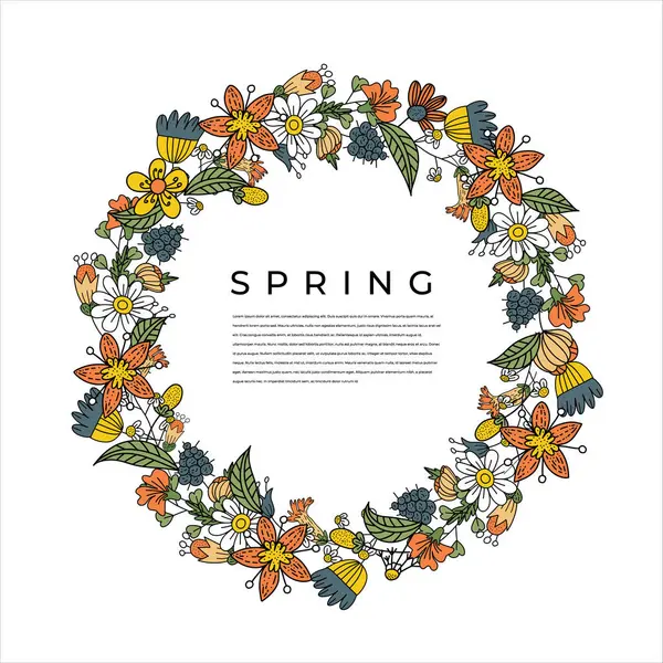 Bahar çiçekli bir çelengin canlı vektör çizimi. Parlak kır çiçekleri ve karalama elementleri, kartlar ve dekoratif grafikler için mükemmel.