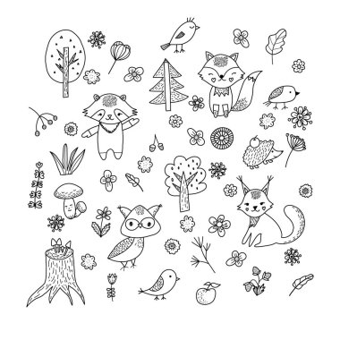 Karalama stilinde siyah ve beyaz çizimler orman hayvanlarını ve doğa elementlerini içerir. Rakun, baykuş, tilki, sincap, ağaçlar, mantarlar, çam, çiçekler ve kuşlar tuhaf bir şekilde betimlenir.