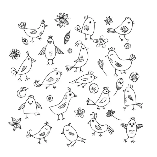 stock vector A whimsical black-and-white vector illustration featuring a charming assortment of stylized birds, flowers, and plants in a doodle style, perfect for decorative and childrens designs