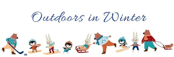 Sevimli hayvanlar penguen, ayı ve tavşan kayak, kayak, snowboard. Vektör illüstrasyonu