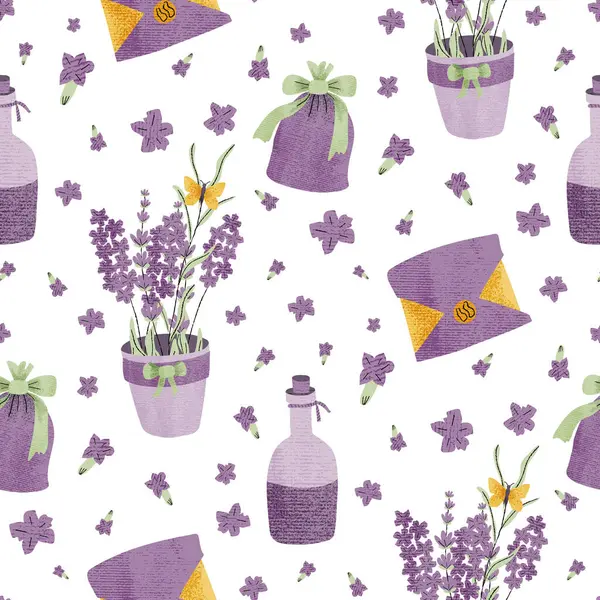 Provence estetiğinden esinlenerek pastel tonlarda lavanta buketleri ve rustik şişeleri içeren bir desen. İç dekorasyon için mükemmel bir konfordur.