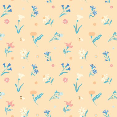 Çiçeklerin, papatyaların ve yumuşak sarı arka planda dekoratif çiçeklerin olduğu kusursuz bir desen. Kumaş, duvar kağıdı ya da hediye ambalajı için mükemmel..