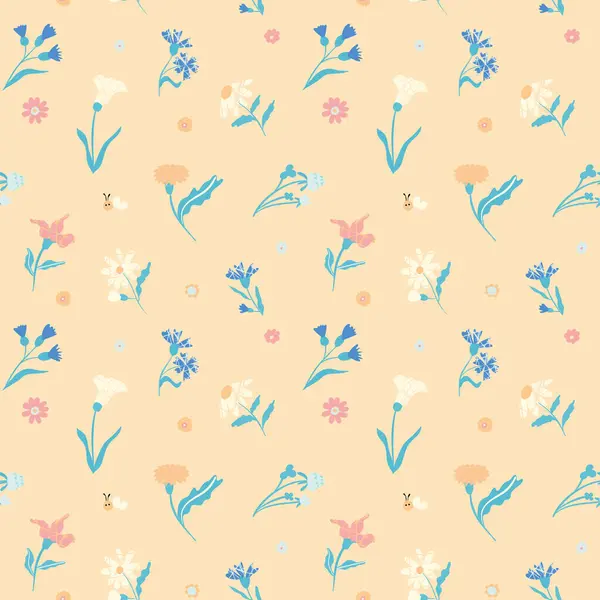 Çiçeklerin, papatyaların ve yumuşak sarı arka planda dekoratif çiçeklerin olduğu kusursuz bir desen. Kumaş, duvar kağıdı ya da hediye ambalajı için mükemmel..