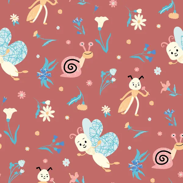 Neşeli kelebekler, gülümseyen salyangozlar, neşeli karıncalar ve papatyalar ve çan çiçekleri de dahil olmak üzere çeşitli rengarenk kır çiçekleri içeren kusursuz vektör desenleri, hepsi sıcak bir terakottaya karşı dizilmiş.