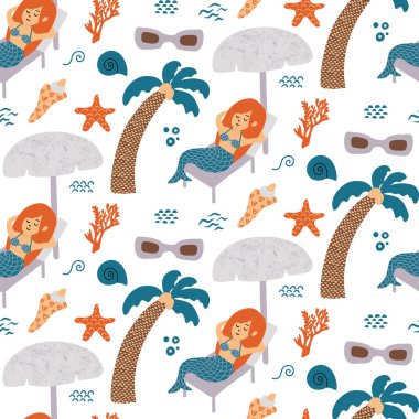 Bir denizkızının şemsiyenin altında, palmiye ağaçları, mercanlar, deniz kabukları, denizyıldızı ve dekoratif deniz ayrıntılarıyla çevrili güneşli bir yatakta dinlenmesini içeren kusursuz bir deniz motifi. Kumaş için mükemmel