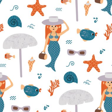 A whimsical seamless pattern showcasing a mermaid in a hat, surrounded by corals, starfish, seashells, fishes, and beach accessories like sunglasses and umbrellas. Set on a white background, this clipart