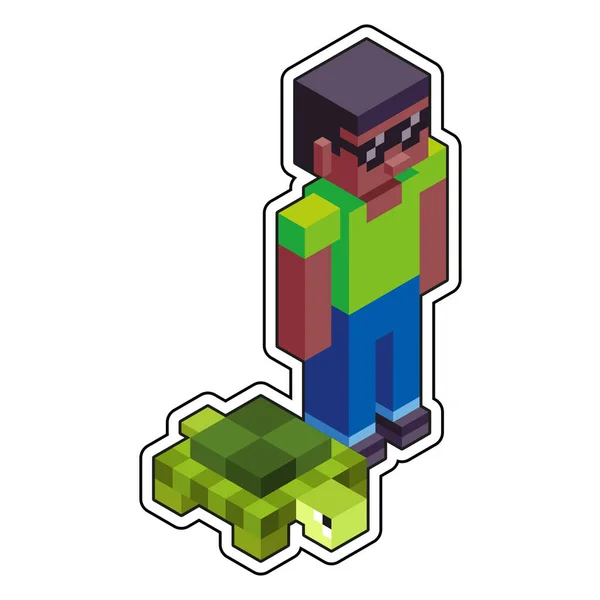 Isolierte Kerl Und Schildkröte Minecraft Figur Farbvektor Illustration — Stockvektor