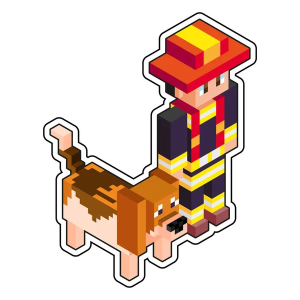 Isolierte Feuerwehrmann Und Hund Minecraft Figur Farbvektor Illustration — Stockvektor
