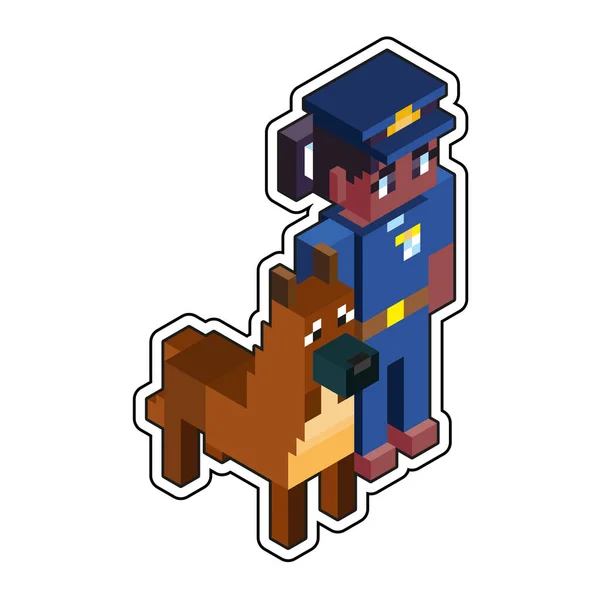Isolierte Polizistin Und Hund Minecraft Figur Farbvektor Illustration — Stockvektor