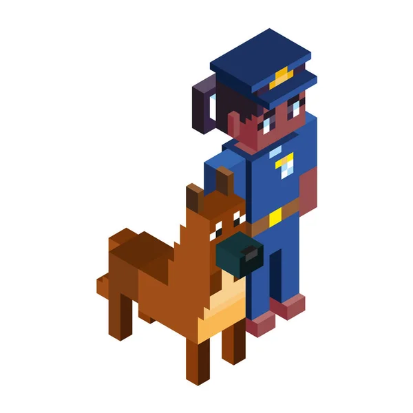 Isolierte Polizistin Und Hund Minecraft Figur Farbvektor Illustration — Stockvektor