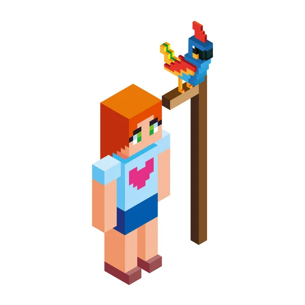 Isolierte Mädchen Und Papagei Minecraft Figur Farbvektor Illustration — Stockvektor