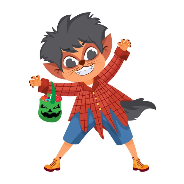 Geïsoleerde Jongen Vermomd Halloween Kostuum Vector Illustratie — Stockvector