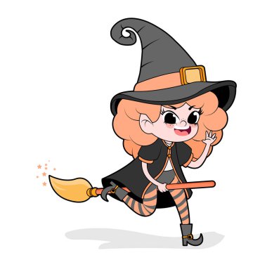 Cadıların Cadılar Bayramı kostümünü gizleyen yalnız bir kız. Vektör çizimi.