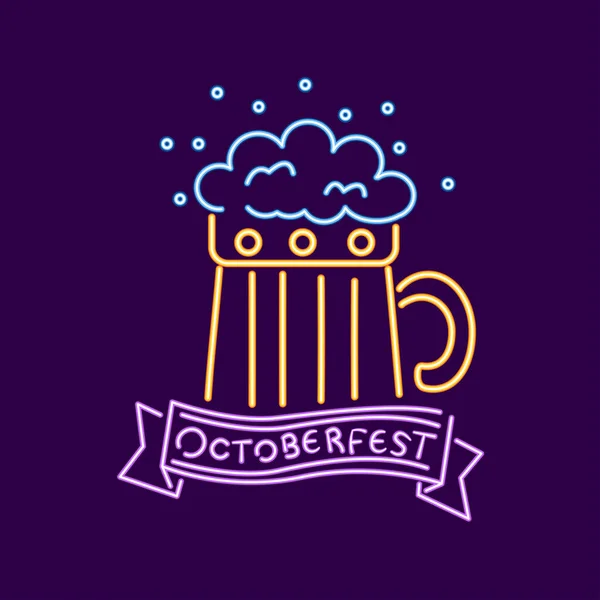 Bicchiere Birra Neon Isolato Con Schiuma Oktoberfest Illustrazione Vettoriale — Vettoriale Stock